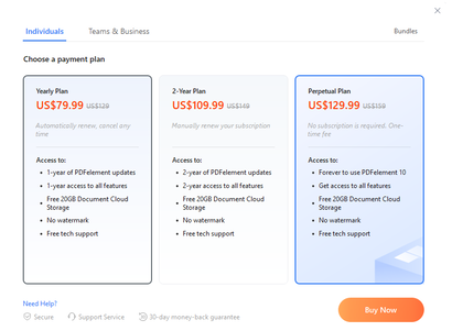 Table with PDF Element's pricing plans
