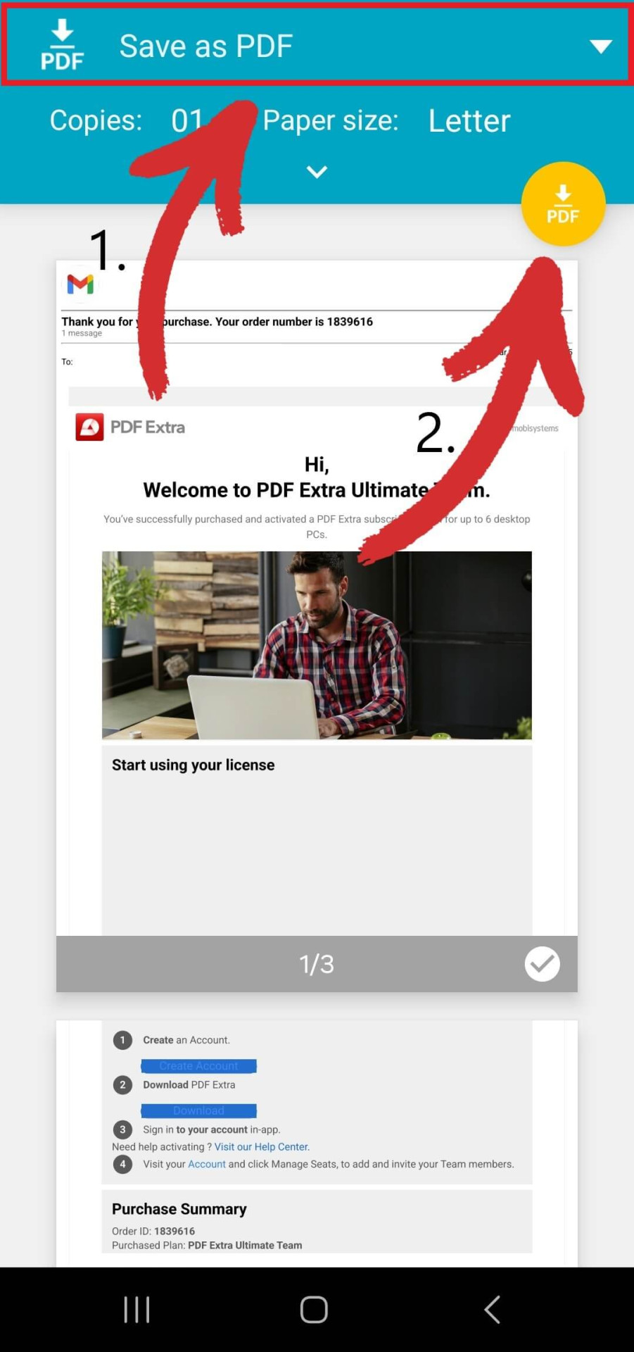 Saving an email as PDF on Gmail for Android - step 4