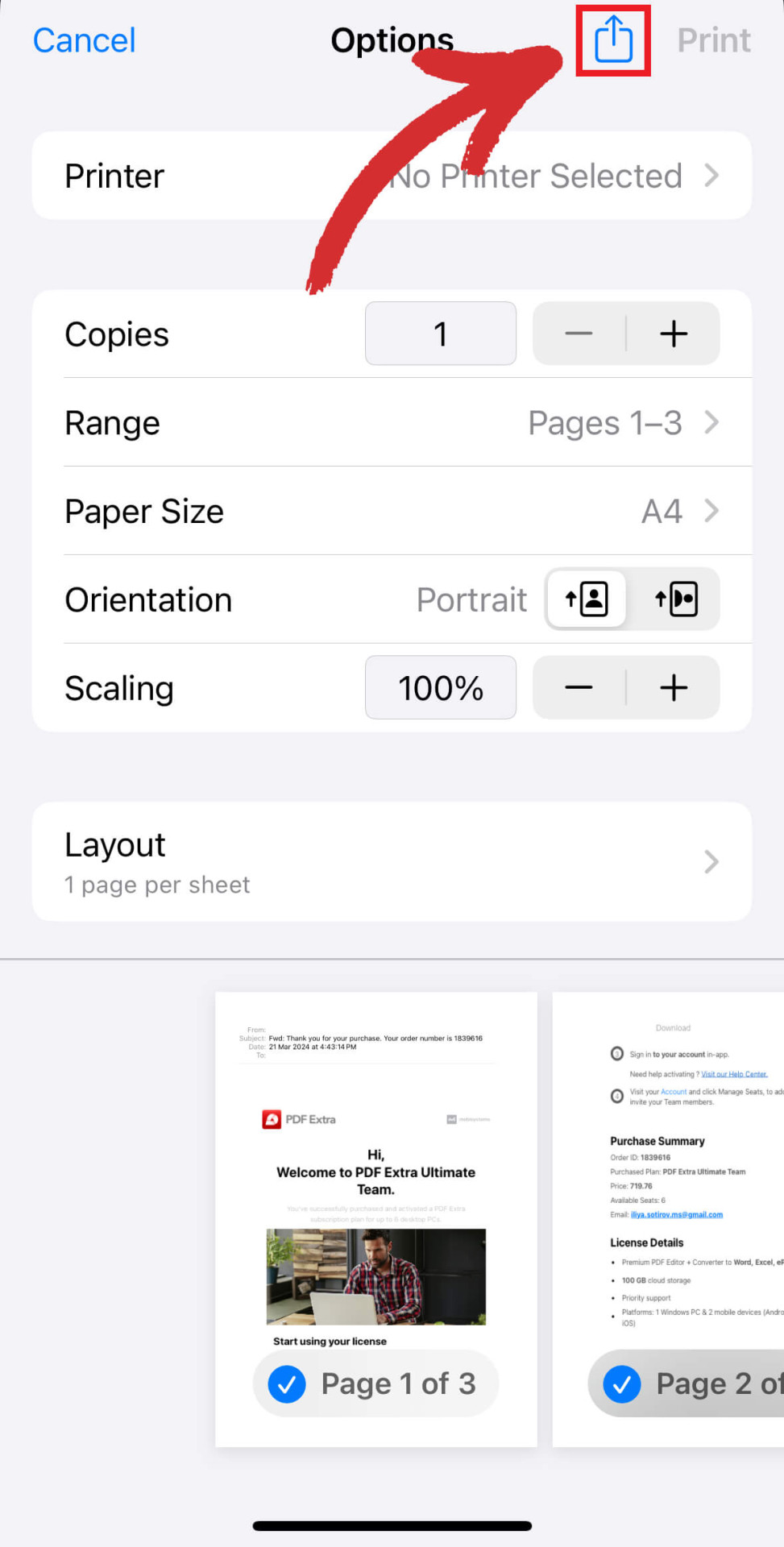 Saving an email as PDF on Gmail for iOS - step 4