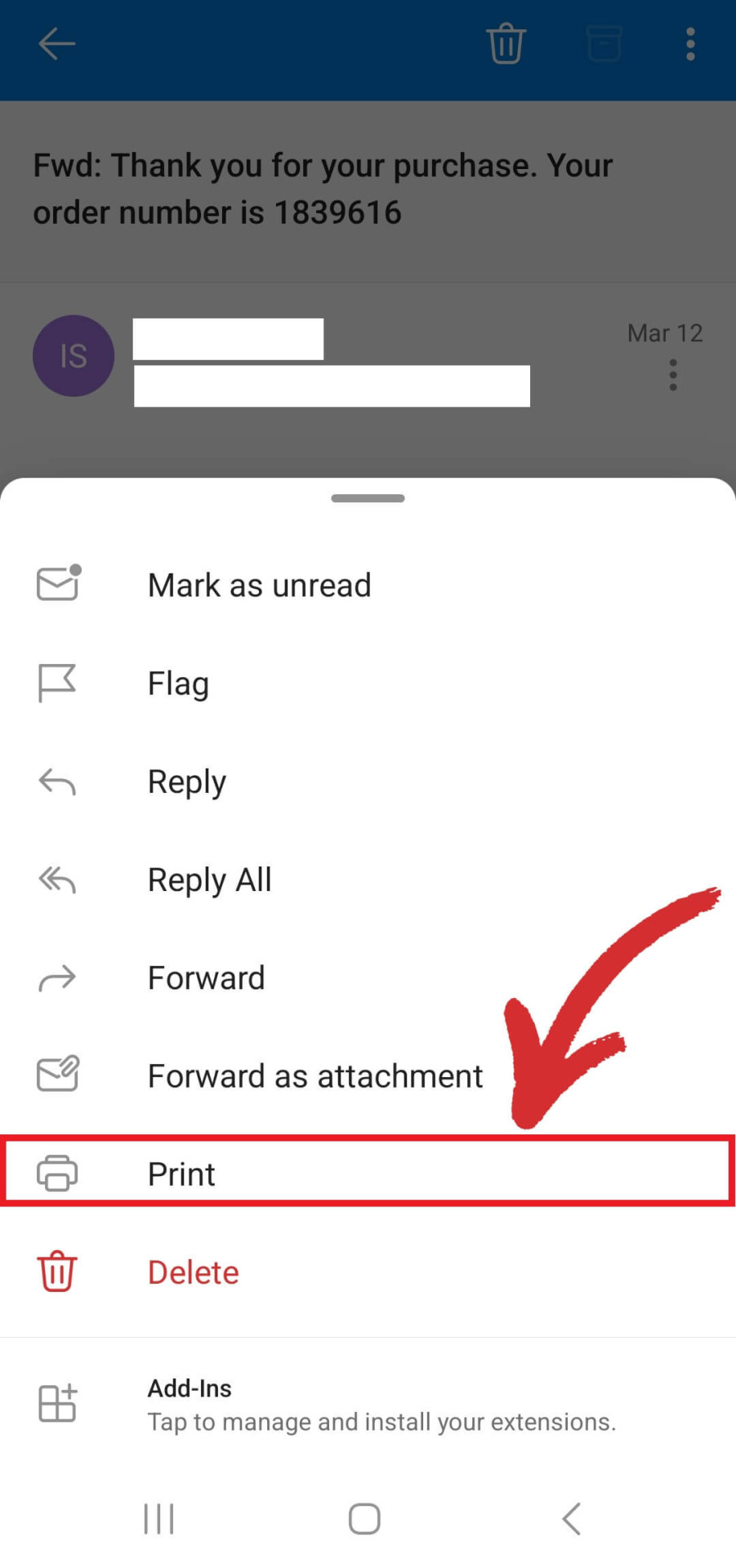Saving an email as PDF on Outlook for Android - step 3