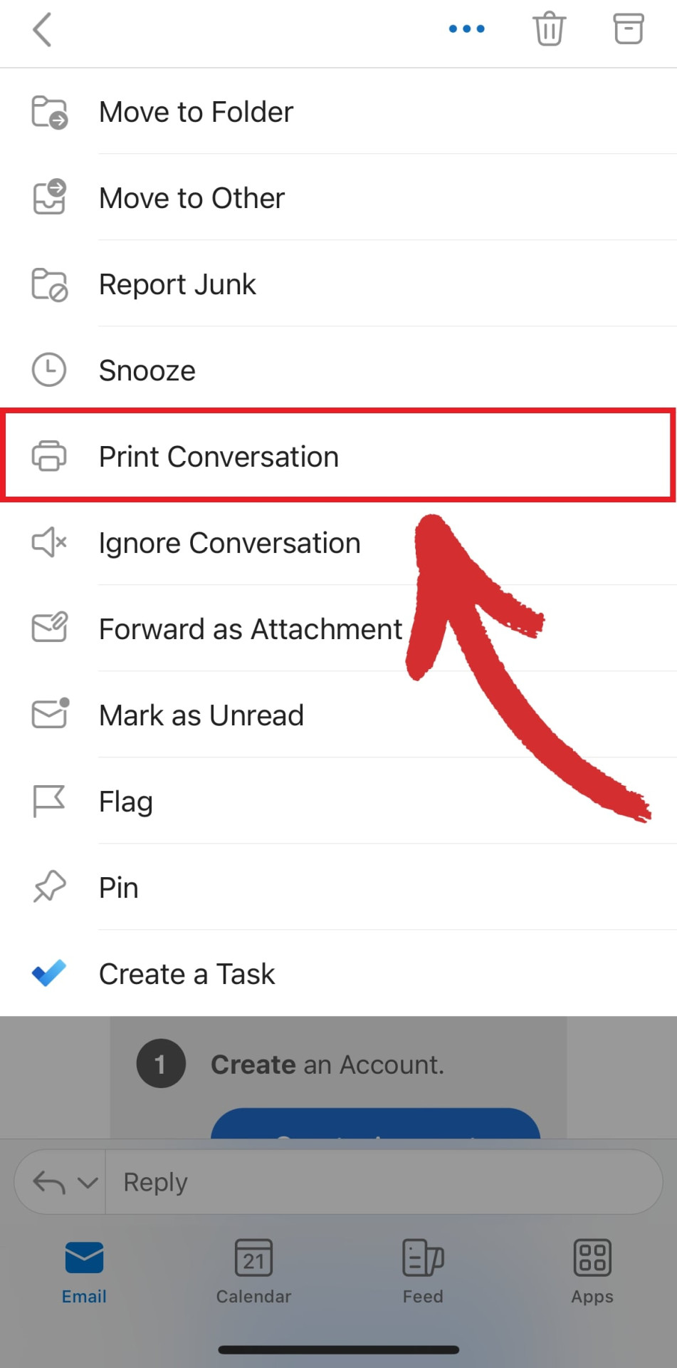 Saving an email as PDF on Outlook for iOS - step 3